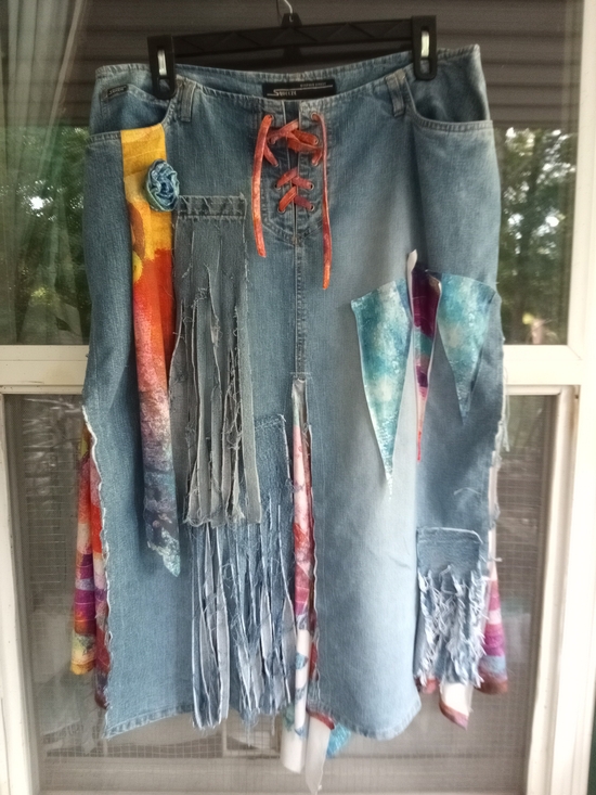 Squeeze Dresses & Skirts - Squeeze Blue Denim Maxi Skirt with Multicolor Patchwork Accents